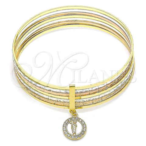 Oro Laminado Semanario Bangle, Gold Filled Style San Judas Design, with White Crystal, Diamond Cutting Finish, Tricolor, 07.253.0006.05 (02 MM Thickness, Size 5 (2.50 Diameter))