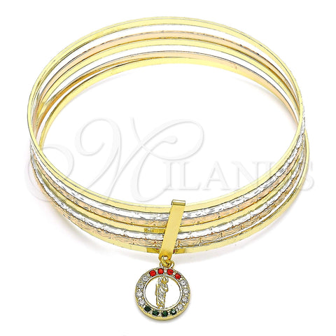Oro Laminado Semanario Bangle, Gold Filled Style San Judas Design, with Multicolor Crystal, Diamond Cutting Finish, Tricolor, 07.253.0006.1.05 (02 MM Thickness, Size 5 (2.50 Diameter))