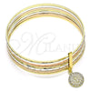 Oro Laminado Semanario Bangle, Gold Filled Style San Benito Design, with White Crystal, Diamond Cutting Finish, Tricolor, 07.253.0005.05 (02 MM Thickness, Size 5 (2.50 Diameter))
