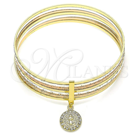 Oro Laminado Semanario Bangle, Gold Filled Style San Benito Design, with White Crystal, Diamond Cutting Finish, Tricolor, 07.253.0005.05 (02 MM Thickness, Size 5 (2.50 Diameter))