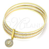 Oro Laminado Semanario Bangle, Gold Filled Style Guadalupe Design, with White Crystal, Diamond Cutting Finish, Tricolor, 07.253.0004.05 (02 MM Thickness, Size 5 (2.50 Diameter))