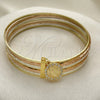Oro Laminado Semanario Bangle, Gold Filled Style Guadalupe Design, with White Crystal, Diamond Cutting Finish, Tricolor, 07.253.0004.05 (02 MM Thickness, Size 5 (2.50 Diameter))