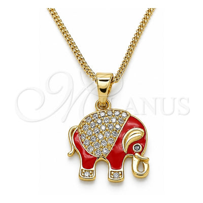 Oro Laminado Pendant Necklace, Gold Filled Style Elephant Design, with White and Black Micro Pave, Red Enamel Finish, Golden Finish, 04.210.0054.20 (02 MM Thickness, 20 Inches Length)