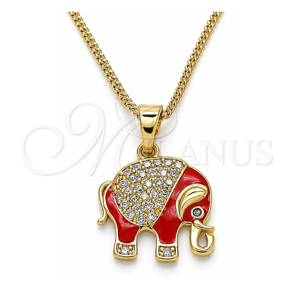 Oro Laminado Pendant Necklace, Gold Filled Style Elephant Design, with White and Black Micro Pave, Red Enamel Finish, Golden Finish, 04.210.0054.20 (02 MM Thickness, 20 Inches Length)