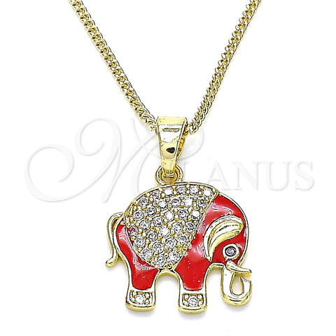Oro Laminado Pendant Necklace, Gold Filled Style Elephant Design, with White and Black Micro Pave, Red Enamel Finish, Golden Finish, 04.210.0054.20 (02 MM Thickness, 20 Inches Length)