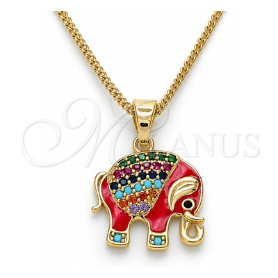 Oro Laminado Pendant Necklace, Gold Filled Style Elephant Design, with Multicolor Micro Pave, Red Enamel Finish, Golden Finish, 04.210.0054.1.20 (02 MM Thickness, 20 Inches Length)