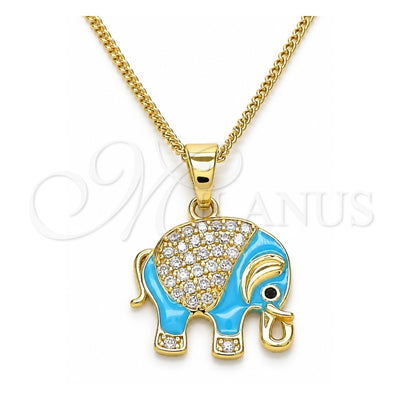 Oro Laminado Pendant Necklace, Gold Filled Style Elephant Design, with White and Black Micro Pave, Turquoise Enamel Finish, Golden Finish, 04.210.0054.2.20 (02 MM Thickness, 20 Inches Length)