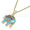 Oro Laminado Pendant Necklace, Gold Filled Style Elephant Design, with Multicolor Micro Pave, Turquoise Enamel Finish, Golden Finish, 04.210.0054.3.20 (02 MM Thickness, 20 Inches Length)