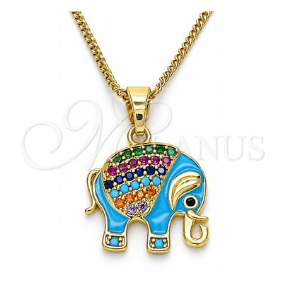 Oro Laminado Pendant Necklace, Gold Filled Style Elephant Design, with Multicolor Micro Pave, Turquoise Enamel Finish, Golden Finish, 04.210.0054.3.20 (02 MM Thickness, 20 Inches Length)