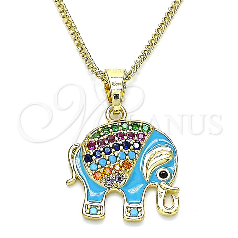 Oro Laminado Pendant Necklace, Gold Filled Style Elephant Design, with Multicolor Micro Pave, Turquoise Enamel Finish, Golden Finish, 04.210.0054.3.20 (02 MM Thickness, 20 Inches Length)