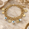 Oro Laminado Charm Bracelet, Gold Filled Style Evil Eye Design, White Resin Finish, Golden Finish, 03.331.0185.08 (10 MM Thickness, 8 Inches Length)