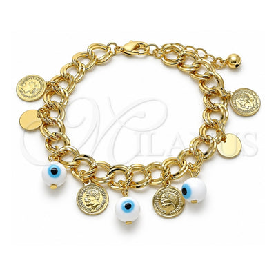 Oro Laminado Charm Bracelet, Gold Filled Style Evil Eye Design, White Resin Finish, Golden Finish, 03.331.0185.08 (10 MM Thickness, 8 Inches Length)