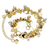 Oro Laminado Charm Bracelet, Gold Filled Style Ball and Heart Design, Polished, Tricolor, 03.331.0187.08 (05 MM Thickness, 8 Inches Length)