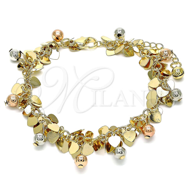 Gold Filled Bracelet — Charm Bracelet Ball and Heart Design Polished Tricolor — main product view — SKU 142796 | Oro Laminado brazalete — Charm Bracelet Ball and corazón diseño pulido Tricolor — SKU 142796