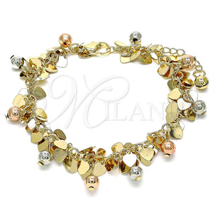 Gold Filled Bracelet — Charm Bracelet Ball and Heart Design Polished Tricolor — main product view — SKU 142796 | Oro Laminado brazalete — Charm Bracelet Ball and corazón diseño pulido Tricolor — SKU 142796