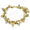 Oro Laminado Charm Bracelet, Gold Filled Style Ball and Heart Design, Polished, Tricolor, 03.331.0187.08 (05 MM Thickness, 8 Inches Length)