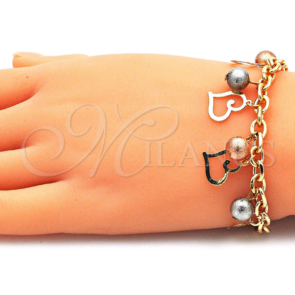 Gold Filled Bracelet — Charm Bracelet Ball and Heart Design Matte Tricolor — alternate product view — SKU 142797 | Oro Laminado brazalete — Charm Bracelet Ball and corazón diseño Matte Tricolor — SKU 142797