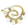 Oro Laminado Charm Bracelet, Gold Filled Style Ball and Heart Design, Matte Finish, Tricolor, 03.331.0188.08 (06 MM Thickness, 8 Inches Length)