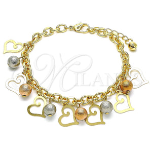 Gold Filled Bracelet — Charm Bracelet Ball and Heart Design Matte Tricolor — main product view — SKU 142797 | Oro Laminado brazalete — Charm Bracelet Ball and corazón diseño Matte Tricolor — SKU 142797