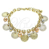 Oro Laminado Charm Bracelet, Gold Filled Style Flower and Ball Design, with White Crystal, Polished, Tricolor, 03.331.0189.08 (07 MM Thickness, 8 Inches Length)