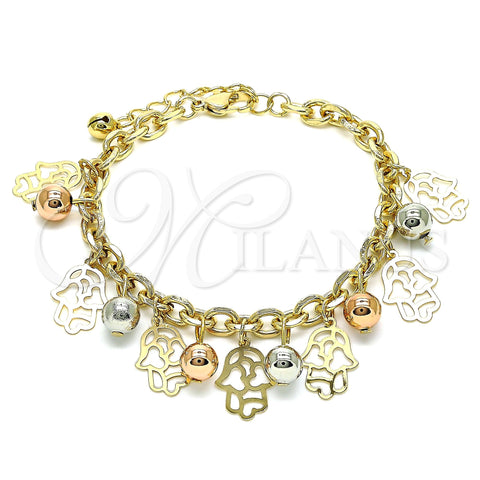 Oro Laminado Charm Bracelet, Gold Filled Style Hand of God and Ball Design, Polished, Tricolor, 03.331.0190.08 (06 MM Thickness, 8 Inches Length)