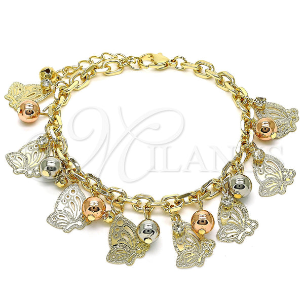 Oro Laminado Charm Bracelet, Gold Filled Style Butterfly and Ball Design, with White Crystal, Polished, Tricolor, 03.331.0192.08 (06 MM Thickness, 8 Inches Length)