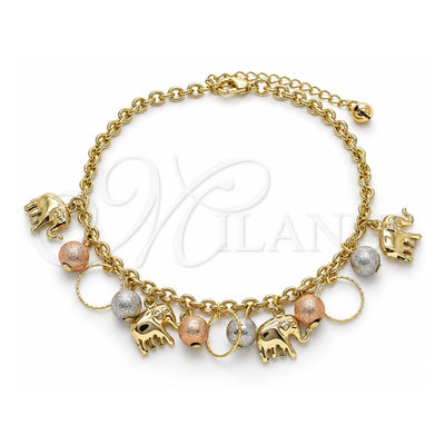 Oro Laminado Charm Bracelet, Gold Filled Style Elephant and Ball Design, Matte Finish, Tricolor, 03.331.0193.09 (04 MM Thickness, 9 Inches Length)