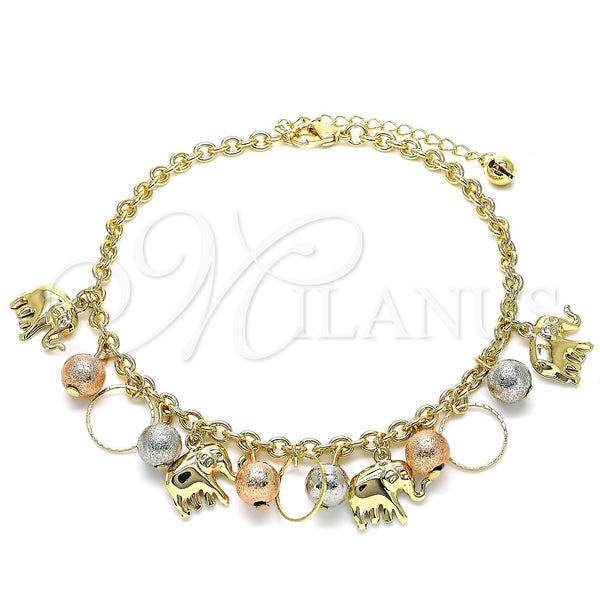 Gold Filled Bracelet — Charm Bracelet Elephant and Ball Design Matte Tricolor — main product view — SKU 142803 | Oro Laminado brazalete — Charm Bracelet Elephant and Ball diseño Matte Tricolor — SKU 142803