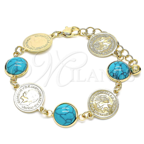 Oro Laminado Fancy Bracelet, Gold Filled Style with Turquoise Opal, Polished, Golden Finish, 03.331.0197.07 (14 MM Thickness, 7 Inches Length)