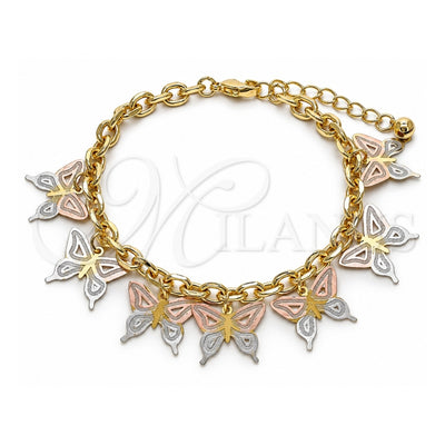 Oro Laminado Charm Bracelet, Gold Filled Style Butterfly Design, Polished, Tricolor, 03.331.0198.08 (06 MM Thickness, 8 Inches Length)