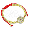 Oro Laminado Adjustable Bolo Bracelet, Gold Filled Style Evil Eye and Ball Design, with Ruby Cubic Zirconia and Multicolor Micro Pave, Polished, Golden Finish, 03.381.0001.11 (04 MM Thickness, 11 Inches Length)