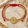 Oro Laminado Adjustable Bolo Bracelet, Gold Filled Style Evil Eye and Ball Design, with Ruby Cubic Zirconia and Multicolor Micro Pave, Polished, Golden Finish, 03.381.0001.11 (04 MM Thickness, 11 Inches Length)