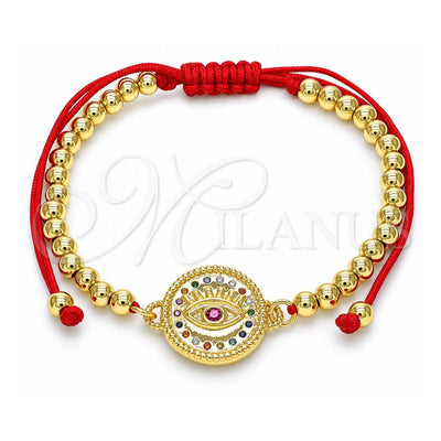 Oro Laminado Adjustable Bolo Bracelet, Gold Filled Style Evil Eye and Ball Design, with Ruby Cubic Zirconia and Multicolor Micro Pave, Polished, Golden Finish, 03.381.0001.11 (04 MM Thickness, 11 Inches Length)