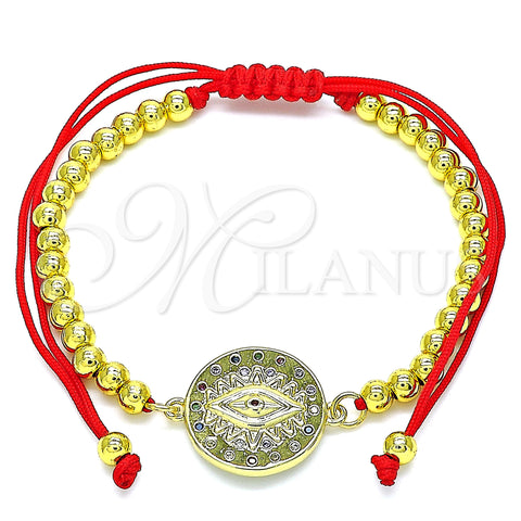 Oro Laminado Adjustable Bolo Bracelet, Gold Filled Style Evil Eye and Ball Design, with Multicolor Micro Pave, Polished, Golden Finish, 03.381.0002.11 (04 MM Thickness, 11 Inches Length)