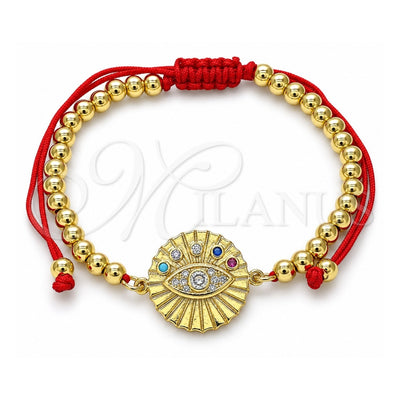 Oro Laminado Adjustable Bolo Bracelet, Gold Filled Style Evil Eye and Ball Design, with Multicolor Cubic Zirconia and White Micro Pave, Polished, Golden Finish, 03.381.0003.11 (04 MM Thickness, 11 Inches Length)