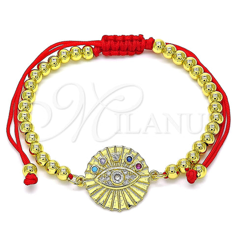 Oro Laminado Adjustable Bolo Bracelet, Gold Filled Style Evil Eye and Ball Design, with Multicolor Cubic Zirconia and White Micro Pave, Polished, Golden Finish, 03.381.0003.11 (04 MM Thickness, 11 Inches Length)