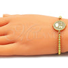Oro Laminado Adjustable Bolo Bracelet, Gold Filled Style Hand of God and Anchor Design, with White Micro Pave, Polished, Golden Finish, 03.381.0005.10 (04 MM Thickness, 10 Inches Length)