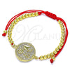 Oro Laminado Adjustable Bolo Bracelet, Gold Filled Style Hand of God and Anchor Design, with White Micro Pave, Polished, Golden Finish, 03.381.0005.10 (04 MM Thickness, 10 Inches Length)