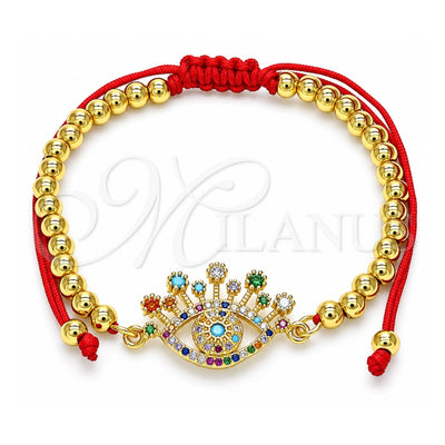 Oro Laminado Adjustable Bolo Bracelet, Gold Filled Style Evil Eye and Ball Design, with Multicolor Micro Pave, Polished, Golden Finish, 03.381.0006.11 (04 MM Thickness, 11 Inches Length)