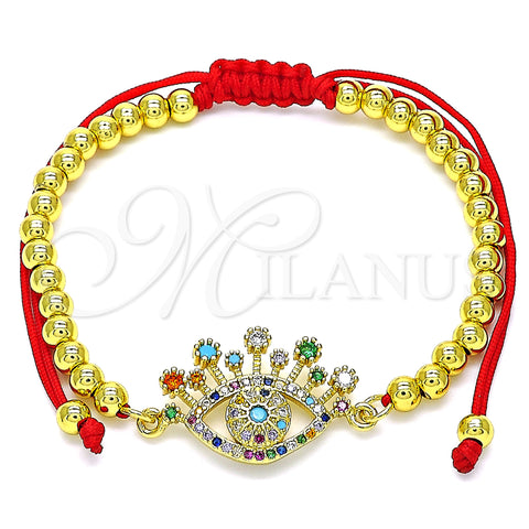 Oro Laminado Adjustable Bolo Bracelet, Gold Filled Style Evil Eye and Ball Design, with Multicolor Micro Pave, Polished, Golden Finish, 03.381.0006.11 (04 MM Thickness, 11 Inches Length)