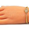 Oro Laminado Adjustable Bolo Bracelet, Gold Filled Style Hand of God and Ball Design, with White Micro Pave, Polished, Golden Finish, 03.381.0008.11 (04 MM Thickness, 11 Inches Length)
