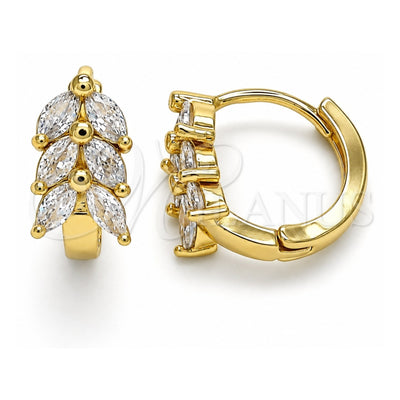 Oro Laminado Huggie Hoop, Gold Filled Style Leaf Design, with White Cubic Zirconia, Polished, Golden Finish, 02.210.0489.15