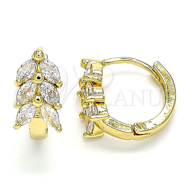 Gold Filled Hoop Earrings — Huggie Hoop Leaf Design with White Cubic Zirconia — main product view — SKU 142828 | Oro Laminado aretes de aro — Huggie Hoop Leaf diseño with blanco Cubic Zirconia — SKU 142828