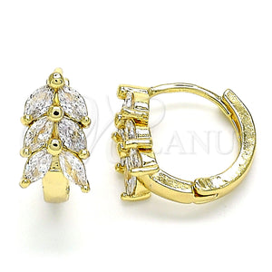 Gold Filled Hoop Earrings — Huggie Hoop Leaf Design with White Cubic Zirconia — main product view — SKU 142828 | Oro Laminado aretes de aro — Huggie Hoop Leaf diseño with blanco Cubic Zirconia — SKU 142828