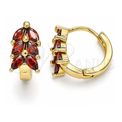 Oro Laminado Huggie Hoop, Gold Filled Style Leaf Design, with Garnet Cubic Zirconia, Polished, Golden Finish, 02.210.0489.1.15