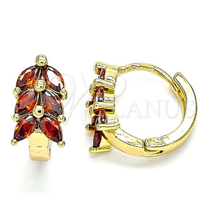 Gold Filled Hoop Earrings — Huggie Hoop Leaf Design with Garnet Cubic Zirconia — main product view — SKU 142829 | Oro Laminado aretes de aro — Huggie Hoop Leaf diseño with Garnet Cubic Zirconia — SKU 142829