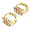 Oro Laminado Huggie Hoop, Gold Filled Style Leaf Design, with Pink Cubic Zirconia, Polished, Golden Finish, 02.210.0489.3.15