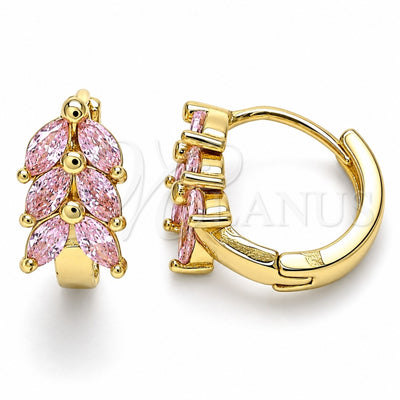 Oro Laminado Huggie Hoop, Gold Filled Style Leaf Design, with Pink Cubic Zirconia, Polished, Golden Finish, 02.210.0489.3.15