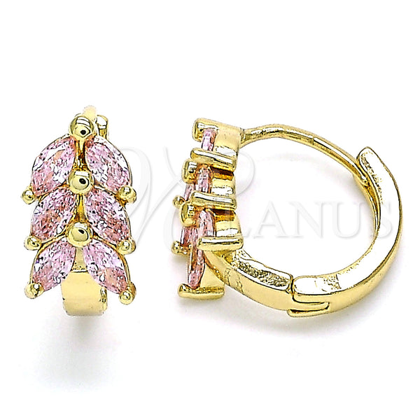 Gold Filled Hoop Earrings — Huggie Hoop Leaf Design with Pink Cubic Zirconia — main product view — SKU 142831 | Oro Laminado aretes de aro — Huggie Hoop Leaf diseño with Pink Cubic Zirconia — SKU 142831