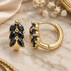Oro Laminado Huggie Hoop, Gold Filled Style Leaf Design, with Black Cubic Zirconia, Polished, Golden Finish, 02.210.0489.4.15
